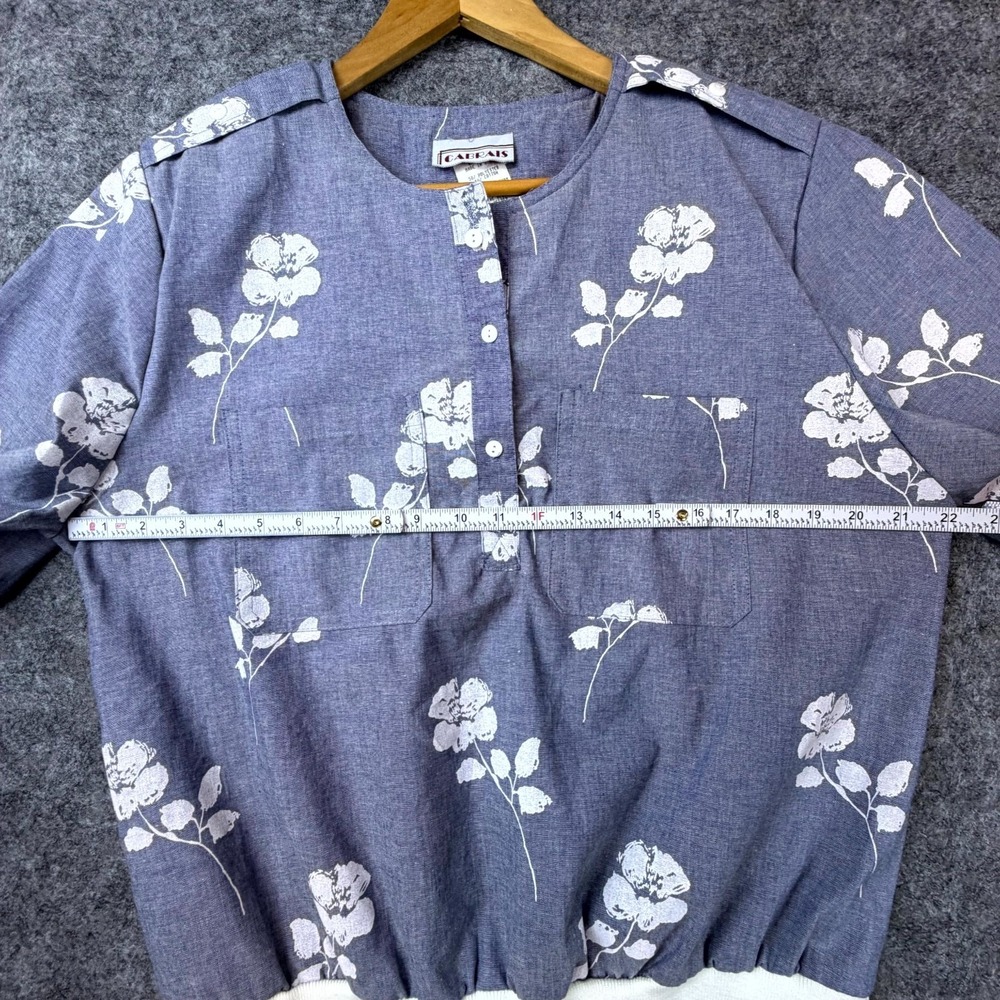 Vintage Cabrais Blouse Top Womens 16 Blue White Floral Coastal Chic Banded Waist - Picture 5 of 7